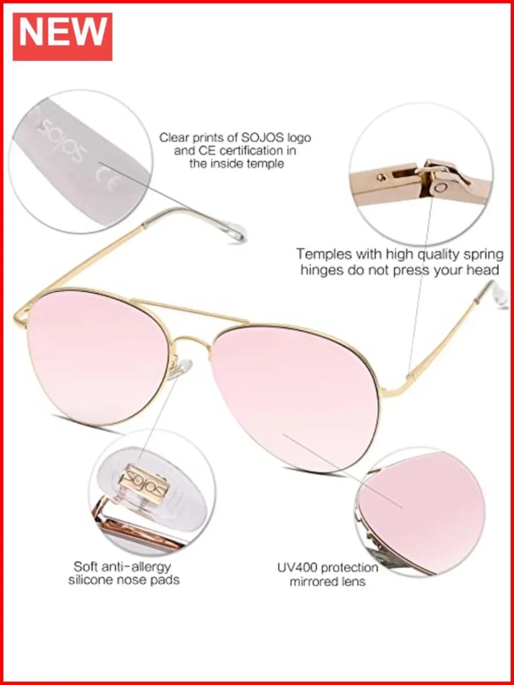 Classic Aviator Sunglasses for Women Men Metal Frame Spring Hinges